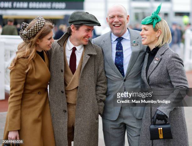 Princess Beatrice, Edoardo Mapelli Mozzi, Mike Tindall and Zara Tindall attend day 3 'St Patrick's Thursday' of the Cheltenham Festival at Cheltenham...