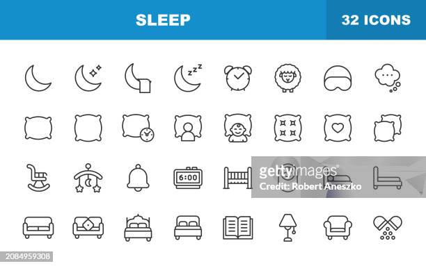 sleep line icons. editable stroke. contains such icons as moon, bed, night, pillow, alarm clock, hotel, hostel, sleeping, nap, bedroom. - motel stock illustrations