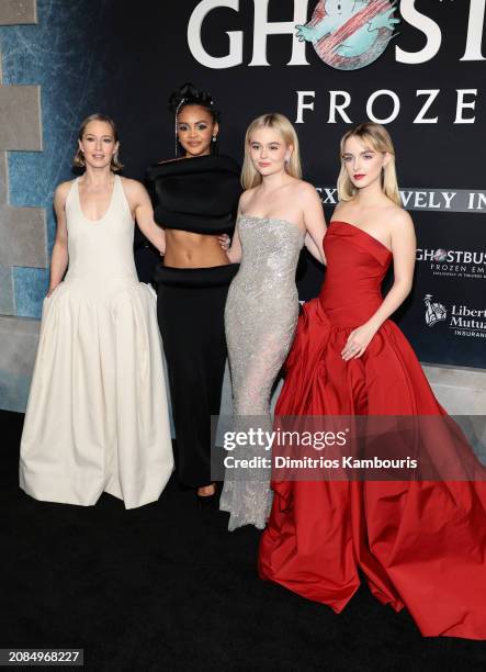 Carrie Coon, Celeste O'Connor, Emily Alyn Lind and Mckenna Grace attend the premiere of "Ghostbusters: Frozen Empire" at AMC Lincoln Square Theater...