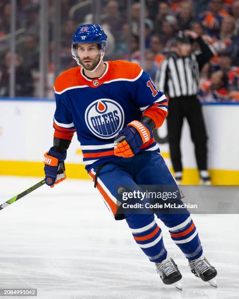 Adam Henrique of the Edmonton Oilers skates against the Washington Capitals during the first period at Rogers Place on March 13, 2024 in Edmonton,...