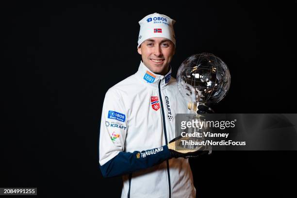Jarl Magnus Riiber of Norway wins the globe during the FIS World Cup Nordic Combined Men Trondheim Cups on March 17, 2024 in Trondheim, Norway.