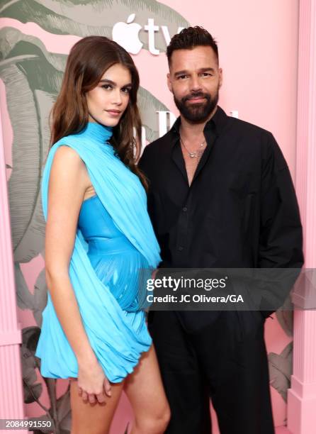 Kaia Gerber and Ricky Martin attend the World Premiere of Apple TV+'s "Palm Royale" at Samuel Goldwyn Theater on March 14, 2024 in Beverly Hills,...