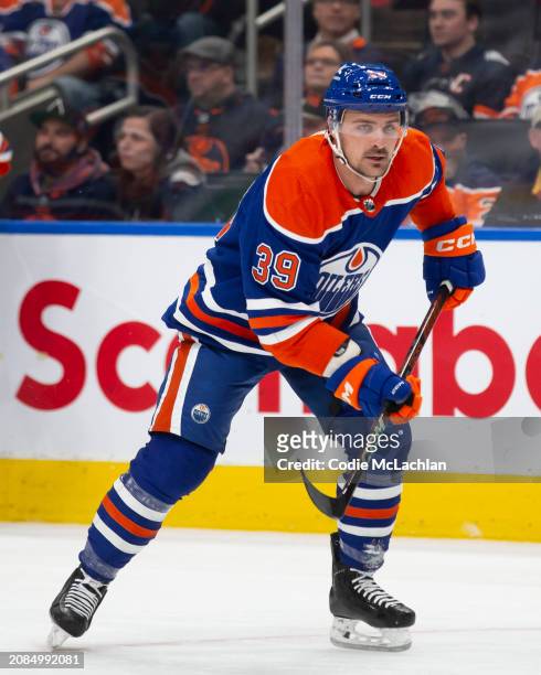 Sam Carrick of the Edmonton Oilers skates against the Washington Capitals during the first period at Rogers Place on March 13, 2024 in Edmonton,...
