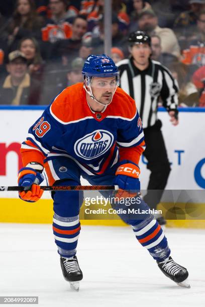 Sam Carrick of the Edmonton Oilers skates against the Washington Capitals during the first period at Rogers Place on March 13, 2024 in Edmonton,...