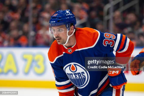 Sam Carrick of the Edmonton Oilers skates against the Washington Capitals during the first period at Rogers Place on March 13, 2024 in Edmonton,...