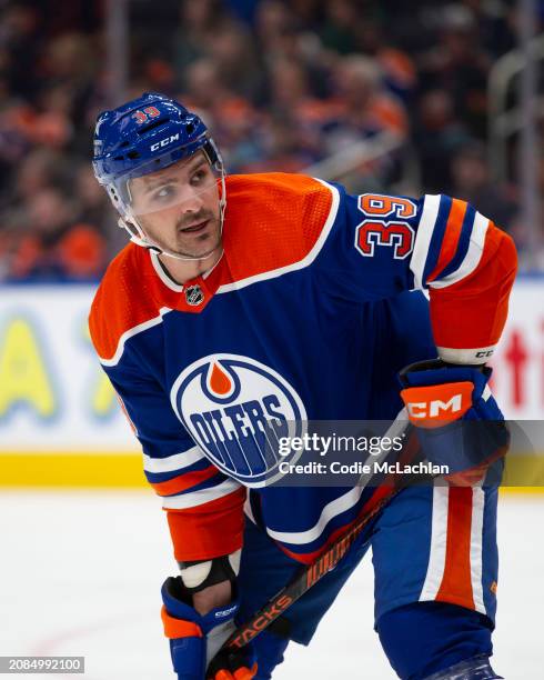 Sam Carrick of the Edmonton Oilers skates against the Washington Capitals during the first period at Rogers Place on March 13, 2024 in Edmonton,...