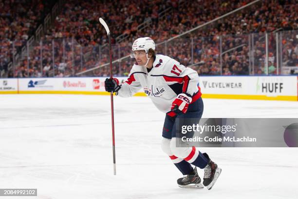 Dylan Strome of the Washington Capitals skates against the Edmonton Oilers during the first period at Rogers Place on March 13, 2024 in Edmonton,...