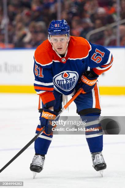 Troy Stecher of the Edmonton Oilers skates against the Washington Capitals during the first period at Rogers Place on March 13, 2024 in Edmonton,...