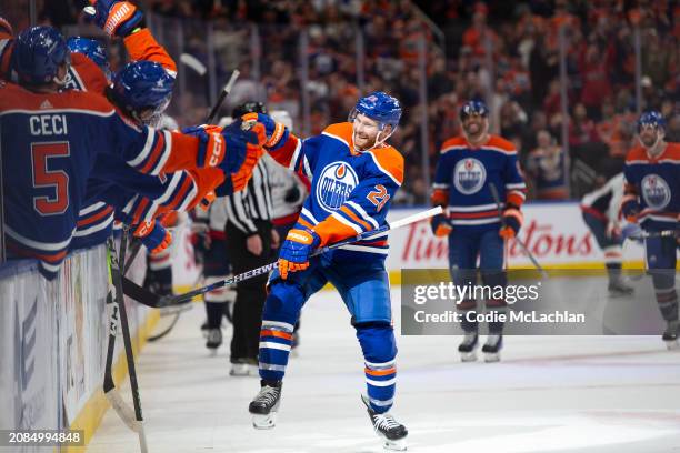 Connor Brown of the Edmonton Oilers celebrates his first goal of the season and his first goal with the Edmonton Oilers against the Washington...