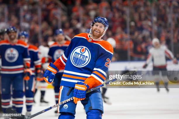 Connor Brown of the Edmonton Oilers celebrates his first goal of the season and his first goal with the Edmonton Oilers against the Washington...