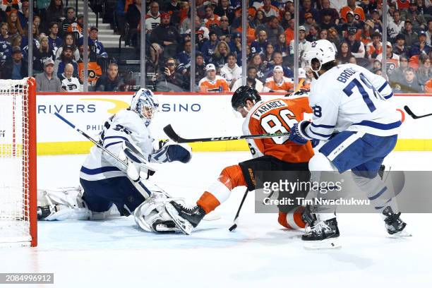Ilya Samsonov of the Toronto Maple Leafs blocks a shot by Joel Farabee of the Philadelphia Flyers during the second period at the Wells Fargo Center...