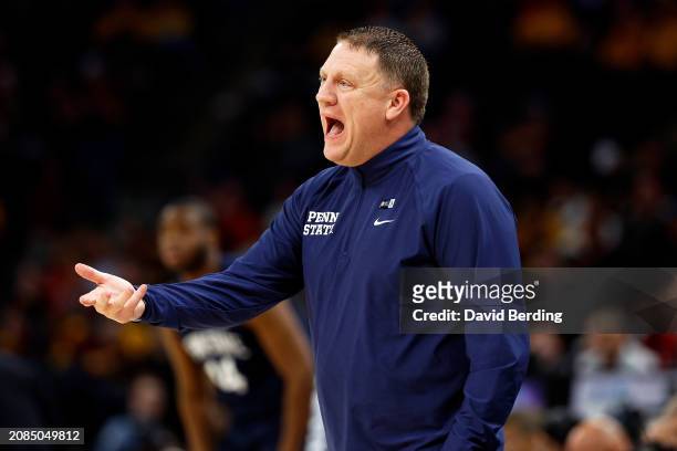 Head coach Mike Rhoades of the Penn State Nittany Lions reacts to a play on the floor in the first half against the Indiana Hoosiers in the Second...