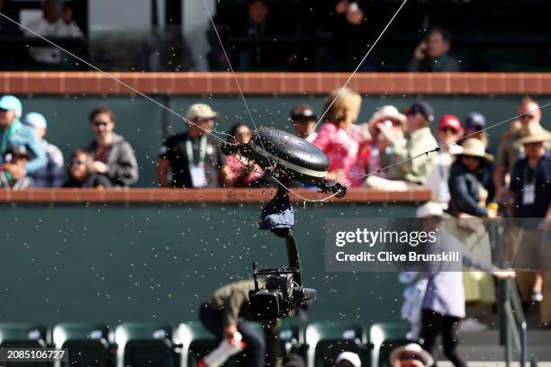 Swarm of bees cover the spider cam after suddenly invading the court whilst Carlos Alcaraz of Spain and Alexander Zverev of Germany were playing in...