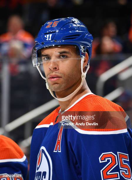 Darnell Nurse of the Edmonton Oilers awaits a face-off during the game against the Washington Capitals at Rogers Place on March 13 in Edmonton,...
