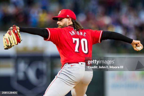 Tejay Antone of the Cincinnati Reds pitches during the Spring Training Game against the Texas Rangers at Surprise Stadium on March 14, 2024 in...