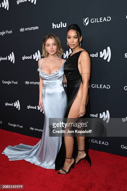 Sydney Sweeney and Alexandra Shipp attend the 35th annual GLAAD Media Awards at The Beverly Hilton on March 14, 2024 in Beverly Hills, California.