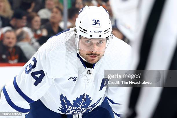 Auston Matthews of the Toronto Maple Leafs looks on during the third period against the Philadelphia Flyers at the Wells Fargo Center on March 14,...