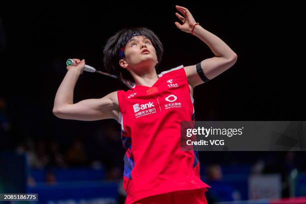 Wang Zhiyi of China competes in the Women's Singles Round of 16 match against Carolina Marin of Spain on day three of the Yonex All England Open...