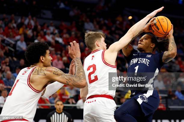 Ace Baldwin Jr. #1 of the Penn State Nittany Lions goes up for a shot against Gabe Cupps of the Indiana Hoosiers in the second half in the Second...