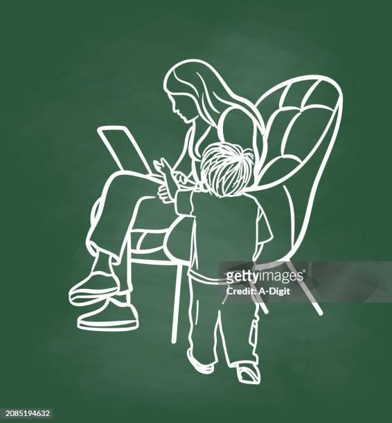parenting and technology chalkboard - mother and baby and laptop stock illustrations
