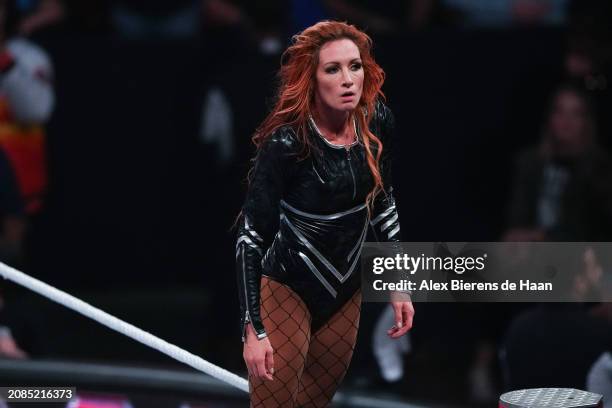 Becky Lynch looks on after her fight during WWE Monday Night RAW at Toyota Center on March 11, 2024 in Houston, Texas.