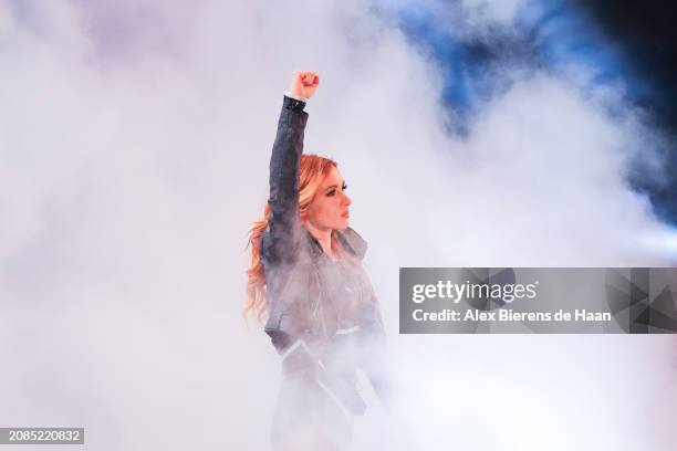 Becky Lynch is introduced prior to her fight during WWE Monday Night RAW at Toyota Center on March 11, 2024 in Houston, Texas.