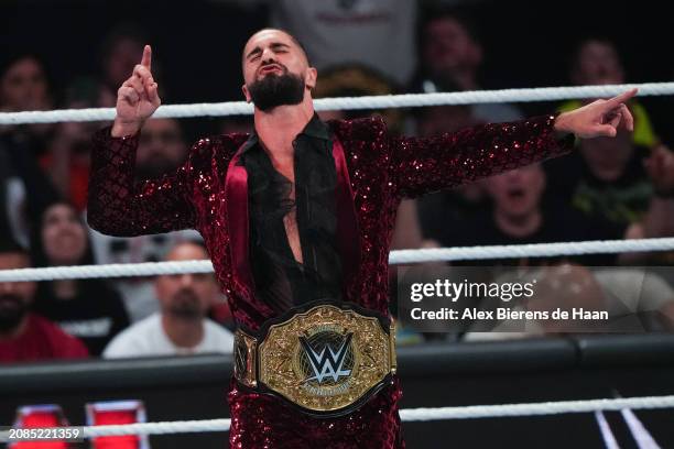 Seth Rollins gestures to the crowd during WWE Monday Night RAW at Toyota Center on March 11, 2024 in Houston, Texas.