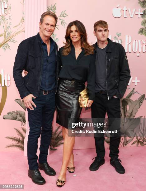 Rande Gerber, Cindy Crawford, and Presley Walker Gerber attend the world premiere of Apple TV+'s "Palm Royale" at Samuel Goldwyn Theater on March 14,...