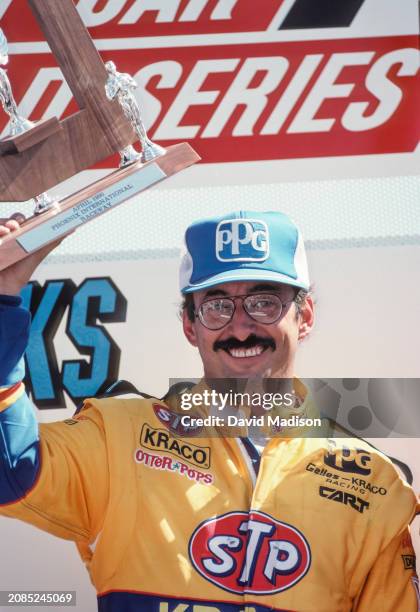 Bobby Rahal of the USA and Galles-Kraco Racing celebrates his second place finish in the CART PPG Indy Car World Series Autoworks 200 on April 8,...