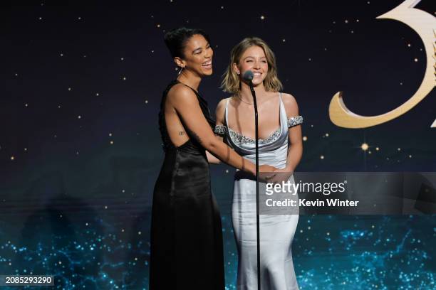 Alexandra Shipp and Sydney Sweeney speak onstage during the 35th annual GLAAD Media Awards at The Beverly Hilton on March 14, 2024 in Beverly Hills,...
