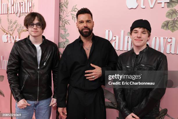 Valentino Martin, Ricky Martin and Matteo Martin attend the world premiere of Apple TV+'s “Palm Royale” at the Samuel Goldwyn Theatre on March 14,...