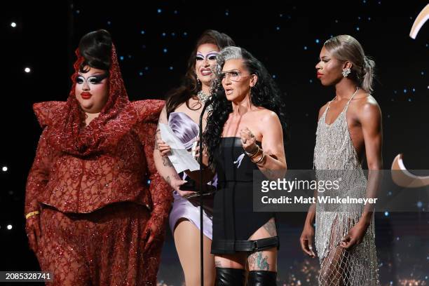 Michelle Visage accepts the Outstanding Reality Competition Program award for "RuPaul's Drag Race" with Mistress Isabelle Brooks, Salina EsTitties...