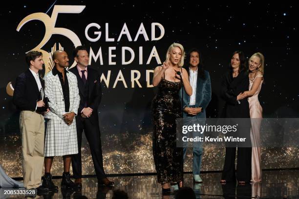 The cast of "Ted Lasso" including Jason Sudeikis, Hannah Waddingham, Cristo Fernández, Jodi Balfour and Juno Temple accept the award for Outstanding...