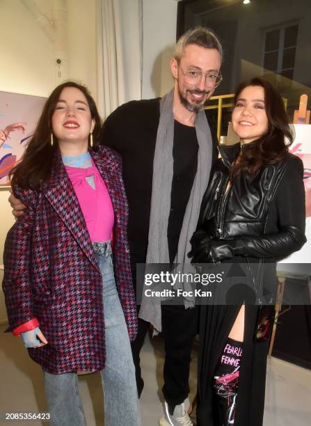 Gallerists Alla Goldshteyn, Romain Tortevoix and painter Margarita Howis attend "Cyber Surrealisme" Group Preview at Goldshteyn Saatort Gallery on...