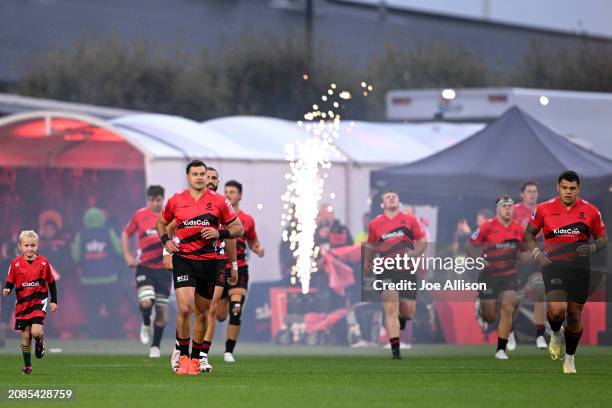 David Havili of the Crusaders runs out ahead of the round four Super Rugby Pacific match between Crusaders and Hurricanes at Apollo Projects Stadium,...