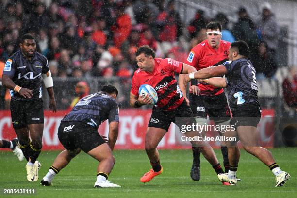 David Havili of the Crusaders charges forward during the round four Super Rugby Pacific match between Crusaders and Hurricanes at Apollo Projects...