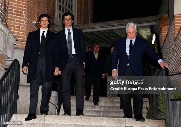 The Duke of Alba and his sons, Fernando and Carlos Fitz-James Stuart, leave the parish of San Agustin after attending the funeral mass in memory of...