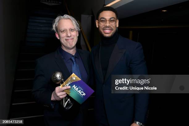 Aeschylus Poulos and Aaron Pierre attend the NAACP Image Awards Dinner at Hollywood Palladium on March 14, 2024 in Los Angeles, California.