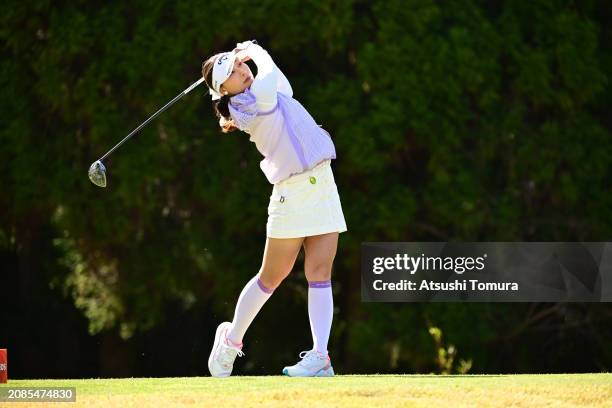 Miyuki Takeuchi of Japan hits her tee shot on the 8th hole during the first round of V POINT x ENEOS GOLF TOURNAMENT at Kagoshima Takamaki Country...