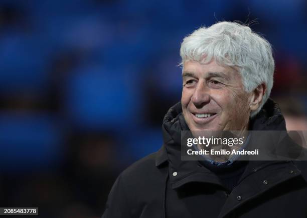 Atalanta BC coach Gian Piero Gasperini looks on during the UEFA Europa League 2023/24 round of 16 second leg match between Atalanta and Sporting CP...