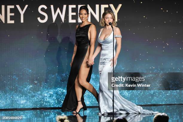 Alexandra Shipp and Sydney Sweeney walk onstage during the 35th annual GLAAD Media Awards at The Beverly Hilton on March 14, 2024 in Beverly Hills,...