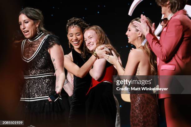 Ashley Lyle accepts the Outstanding Drama Series award for "Yellowjackets" with Jasmin Savoy Brown and Liv Hewson onstage during the 35th GLAAD Media...