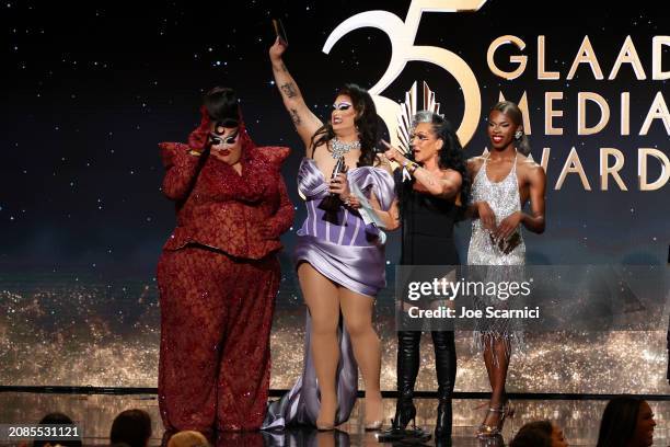 Michelle Visage accepts the Outstanding Reality Competition Program award for "RuPaul's Drag Race" with Mistress Isabelle Brooks, Salina EsTitties,...