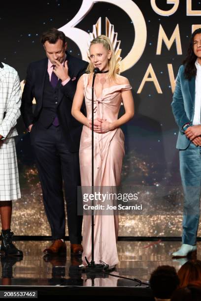 Juno Temple accepts the Outstanding Comedy Series award for "Ted Lasso" onstage during the 35th GLAAD Media Awards - Los Angeles at The Beverly...
