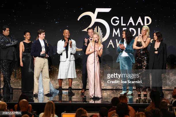 Juno Temple accepts the Outstanding Comedy Series award for "Ted Lasso" onstage during the 35th GLAAD Media Awards - Los Angeles at The Beverly...