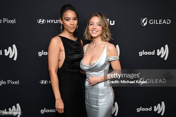 Alexandra Shipp and Sydney Sweeney pose backstage during the 35th GLAAD Media Awards - Los Angeles at The Beverly Hilton on March 14, 2024 in Beverly...