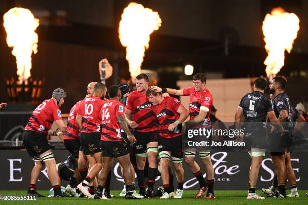 Cullen Grace of the Crusaders celebrates after scoring a try during the round four Super Rugby Pacific match between Crusaders and Hurricanes at...