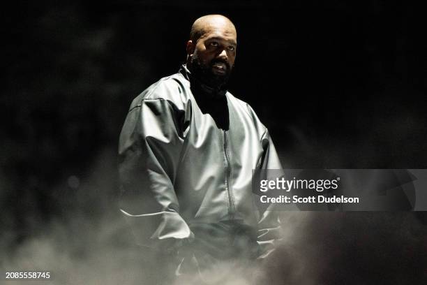 Rapper Kanye West performs onstage during the "Vultures 1" playback concert during Rolling Loud 2024 the at Hollywood Park Grounds on March 14, 2024...