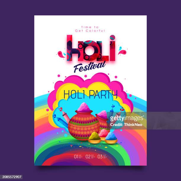 holi party poster design. holi celebration flyer design with colorful holi powder. indian festival of colors. - holi vector stock illustrations