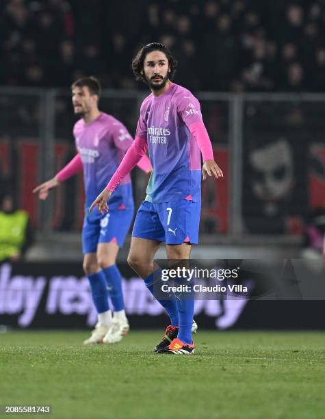 Yacine Adli of AC Milan in action during the UEFA Europa League 2023/24 round of 16 second leg match between Slavia Praha and AC Milan at Eden Arena...